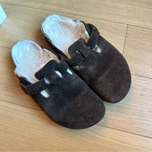 Birkenstock Boston Brown Suede Shearling-Lined Clogs